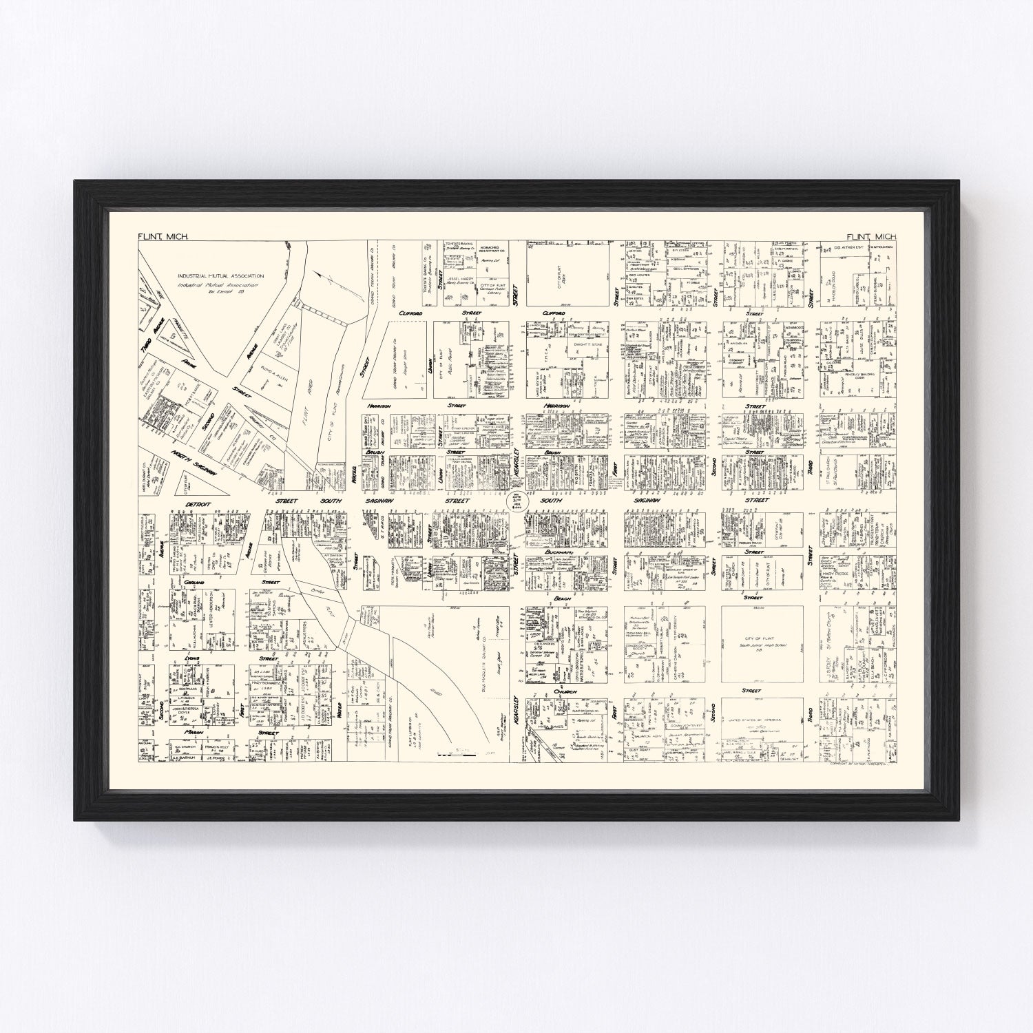 Vintage map of Flint, Michigan business section, 1929
