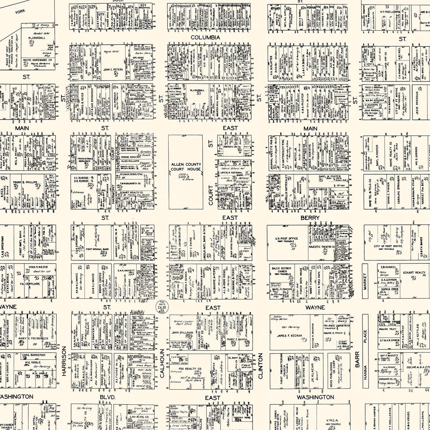 Vintage Map of Fort Wayne, IN Business Section, 1929