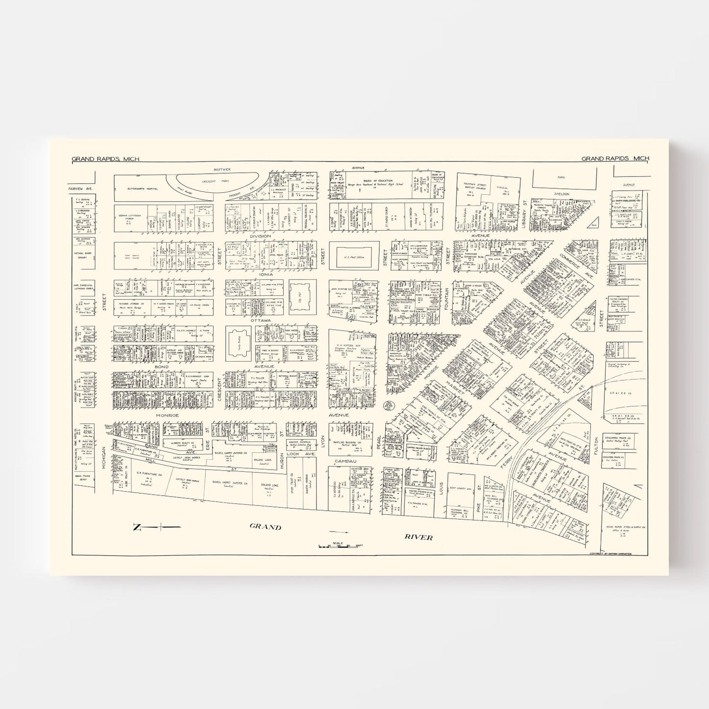 Vintage Map of Grand Rapids, Michigan Business Section, 1929