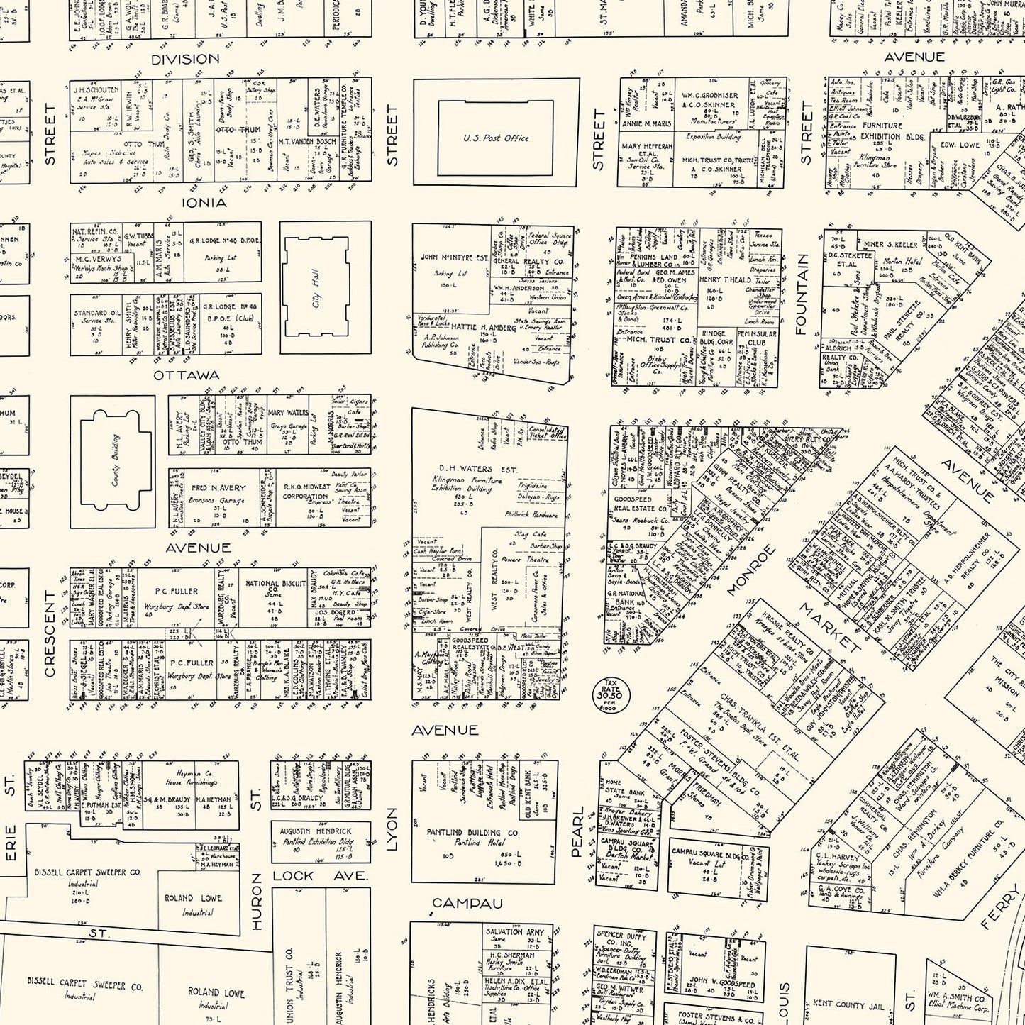 Vintage Map of Grand Rapids, Michigan Business Section, 1929