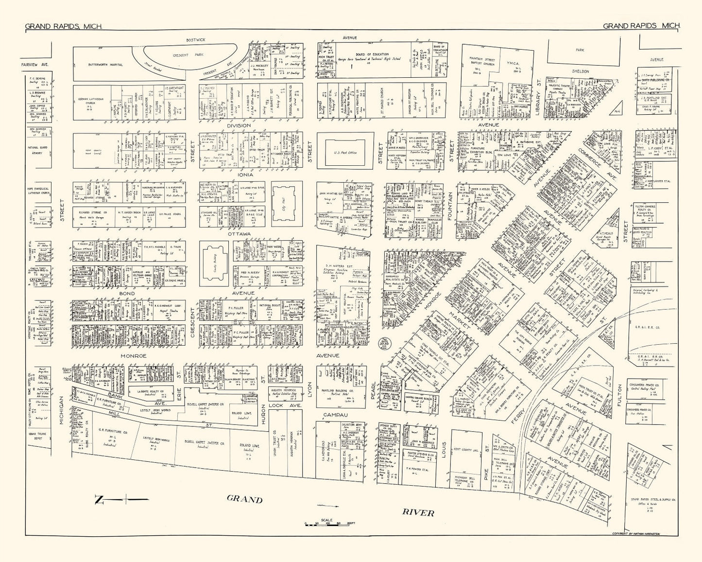 Vintage Map of Grand Rapids, Michigan Business Section, 1929
