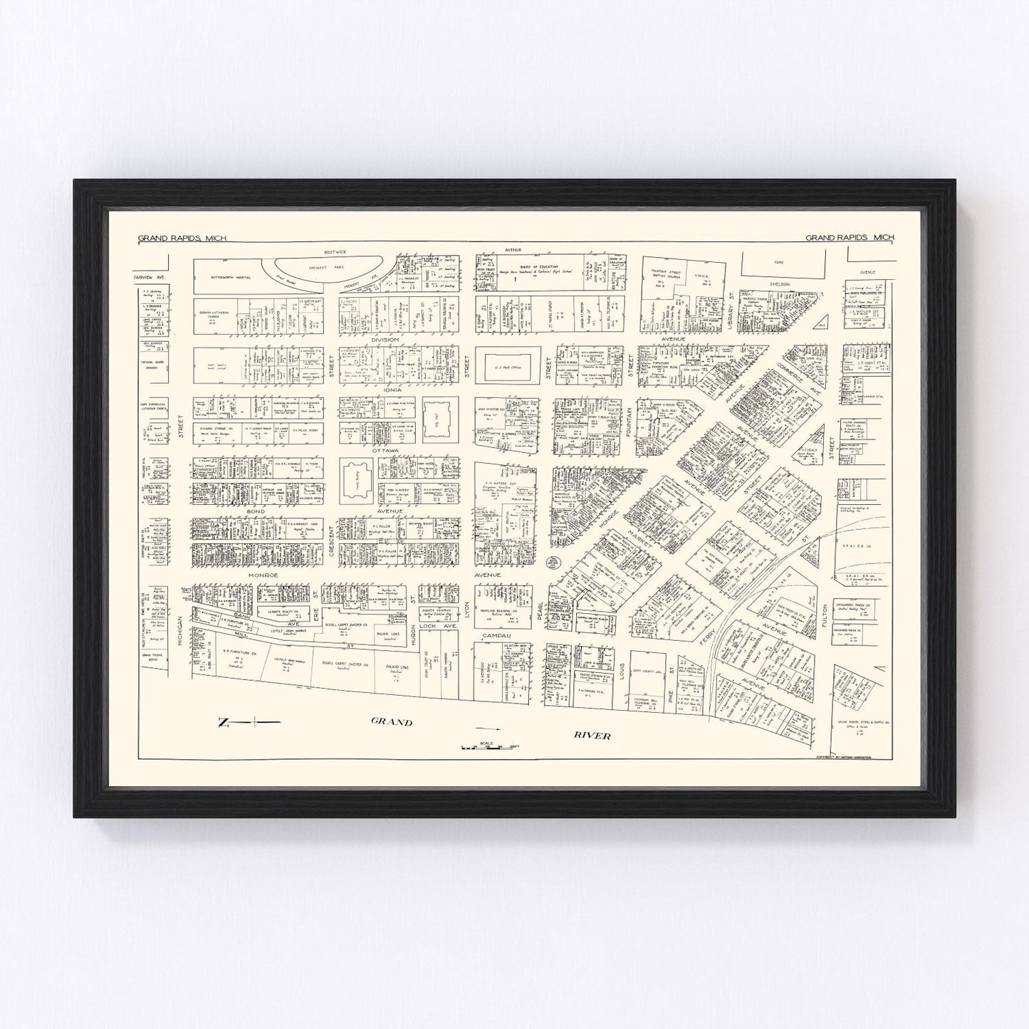 Vintage map of Grand Rapids Michigan business section, 1929