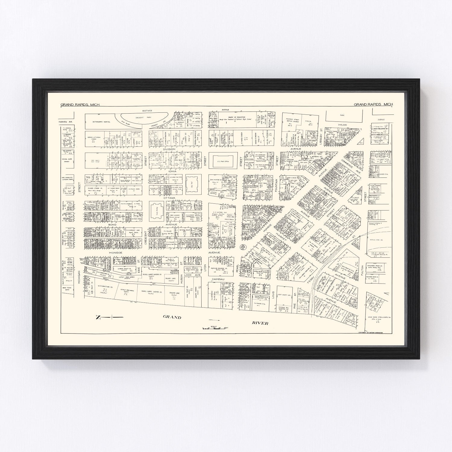 Vintage map of Grand Rapids Michigan business section, 1929