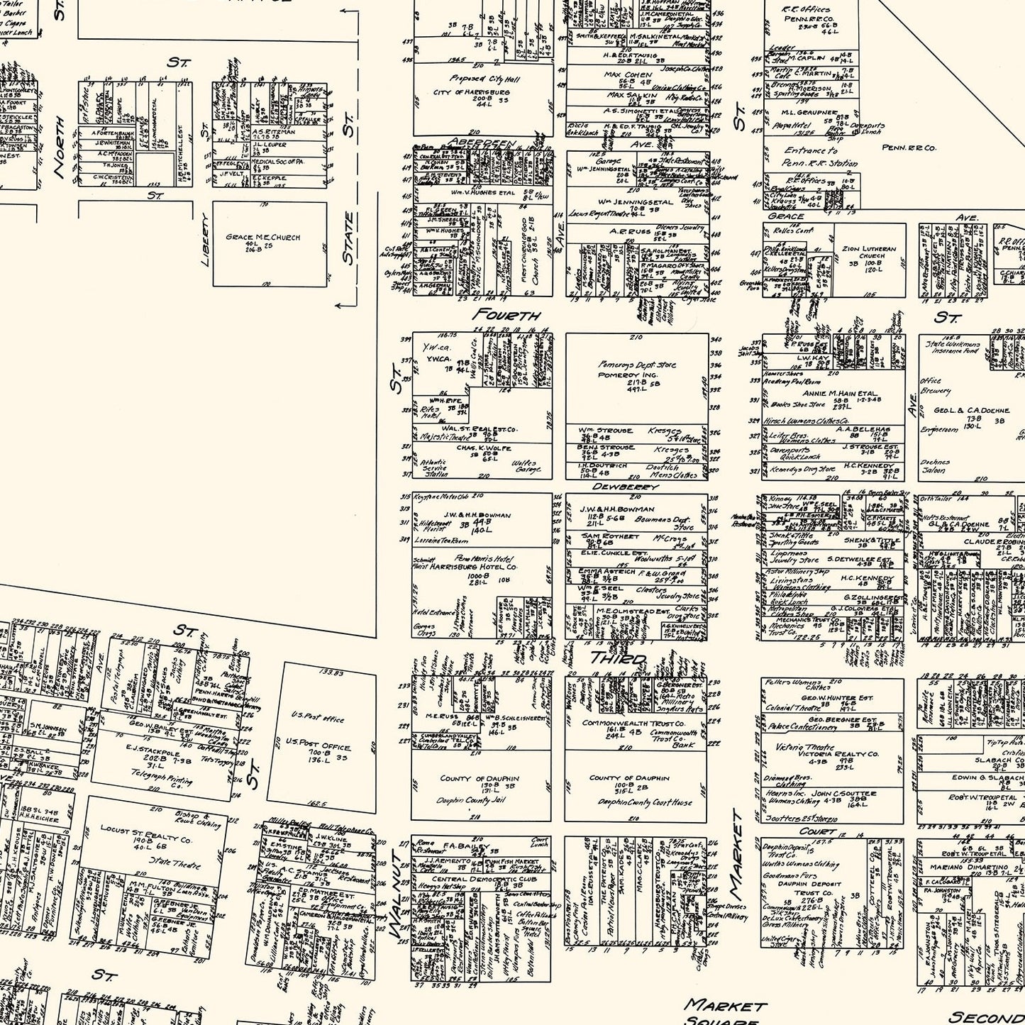 Vintage Map of Harrisburg Business Section, Pennsylvania, 1929