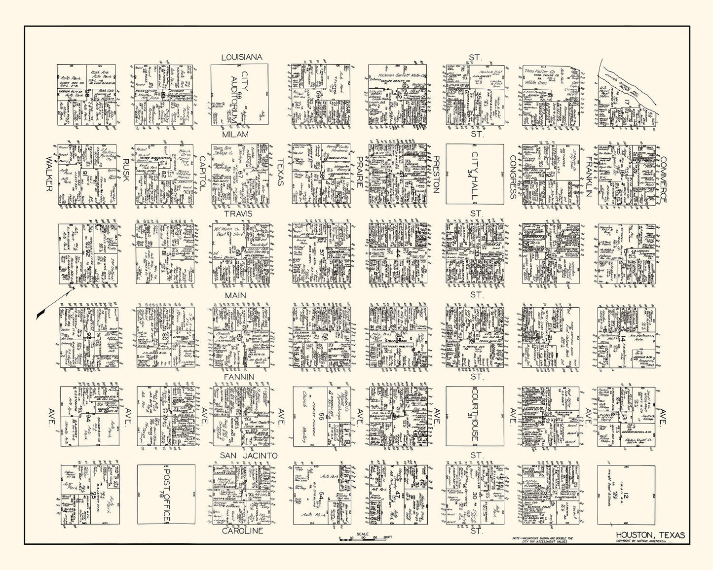 Vintage Map of Houston, Texas Business Section, 1929