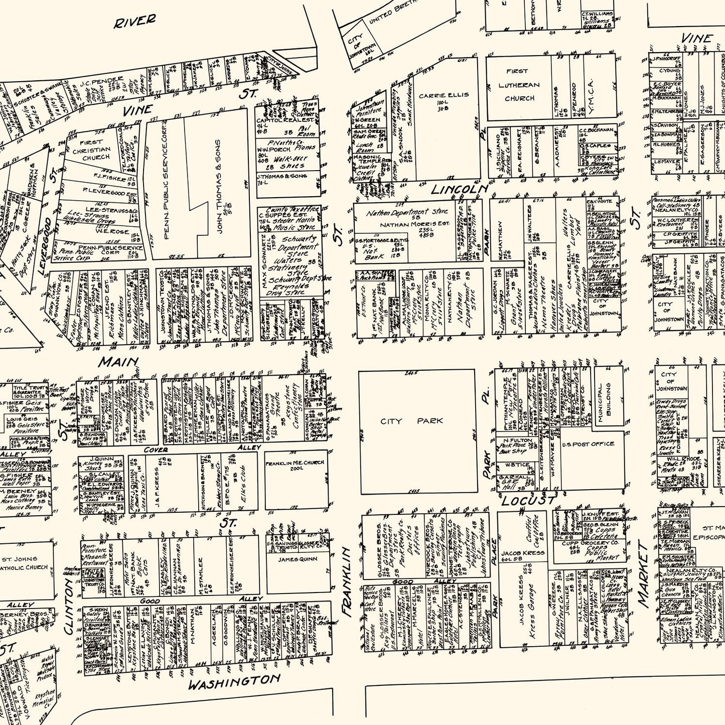 Vintage Map of Johnstown, Pennsylvania Business Section, 1929