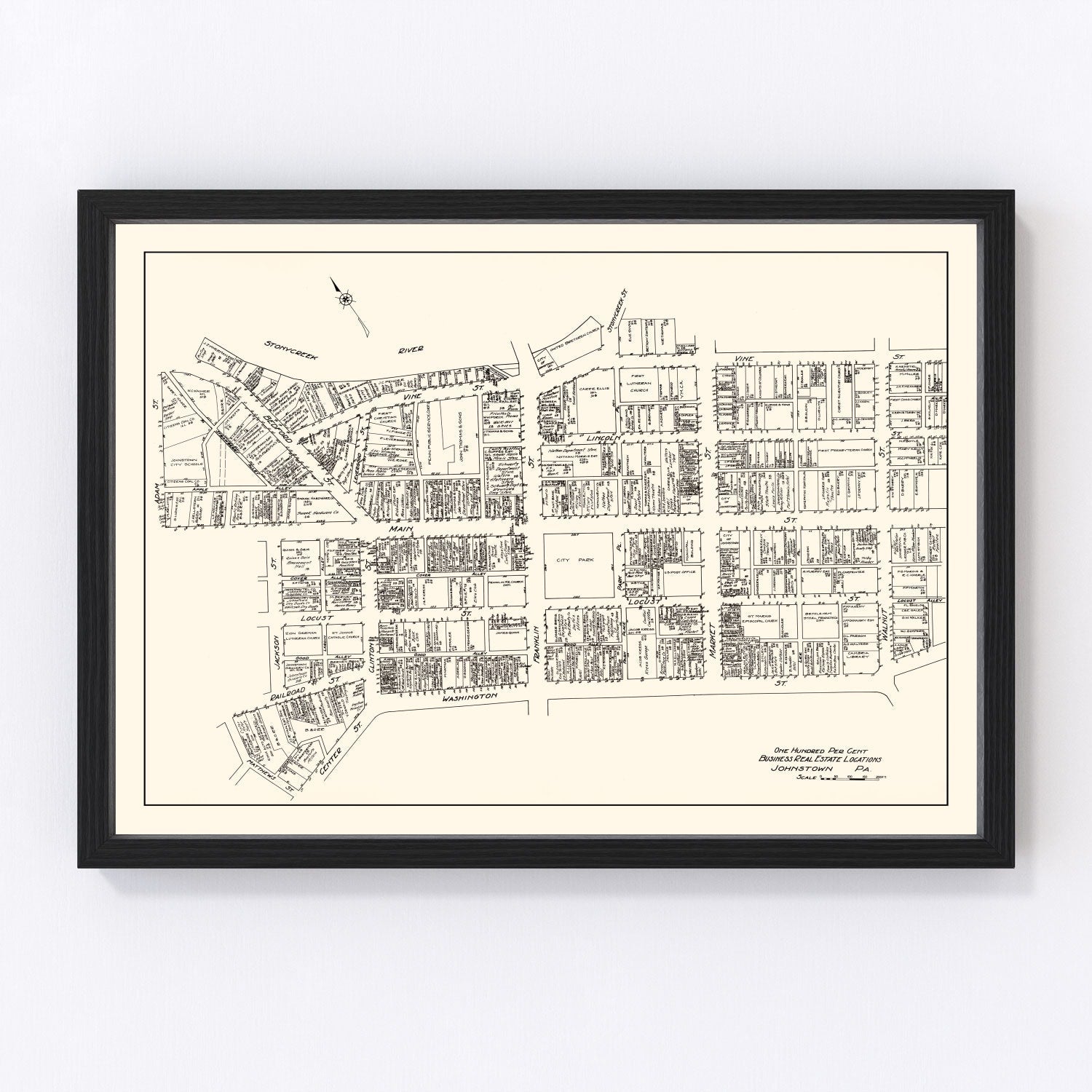 Vintage map of Johnstown, Pennsylvania business section, 1929