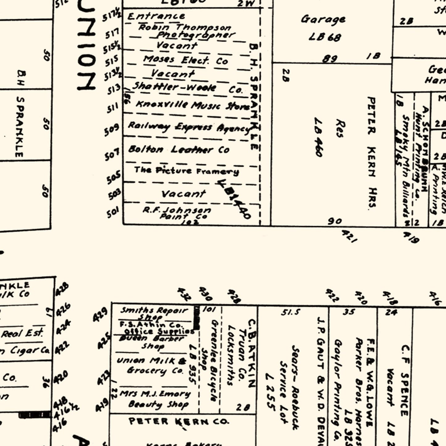 Vintage Map of Knoxville Business Section, Tennessee, 1929