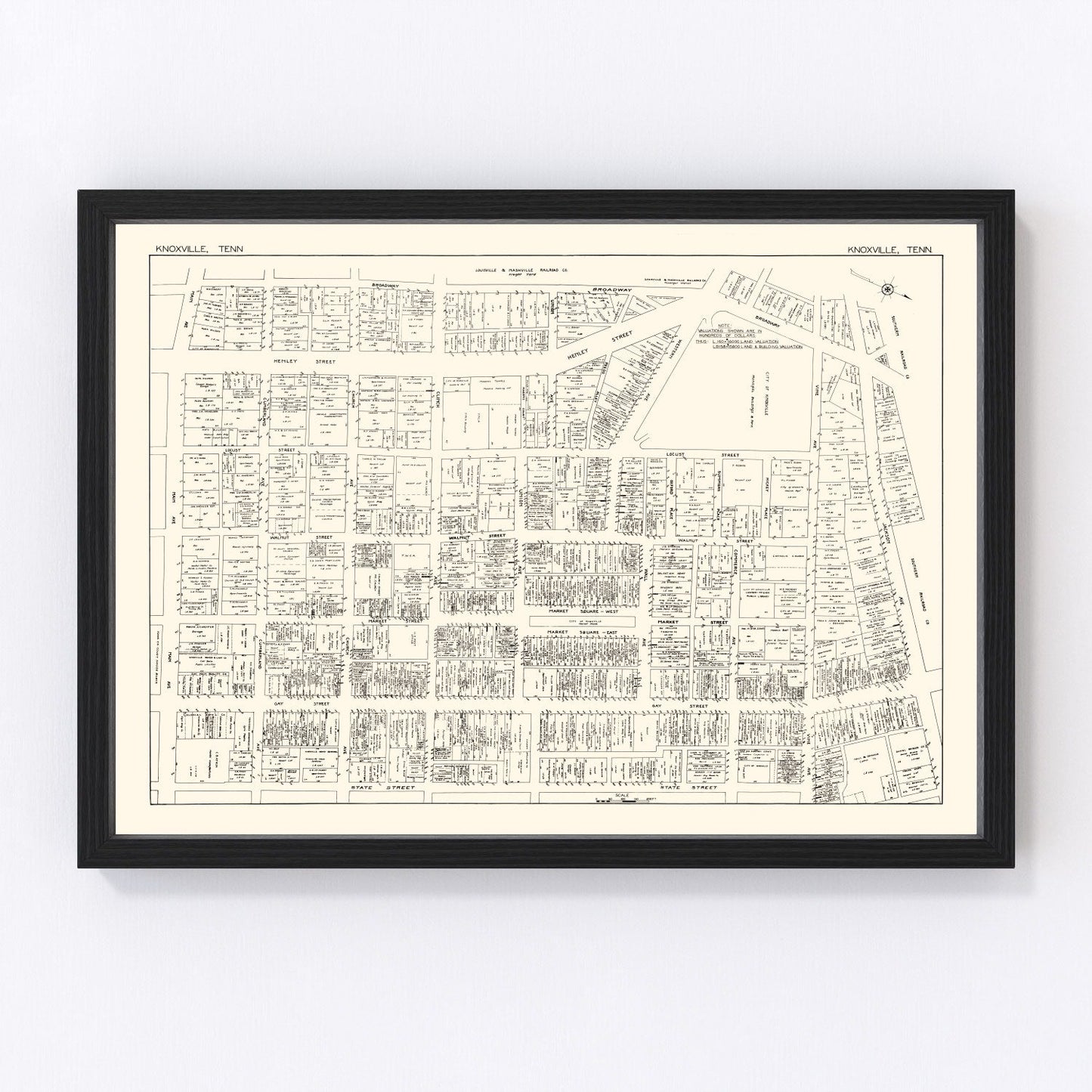 vintage map of Knoxville business section, Tennessee, 1929