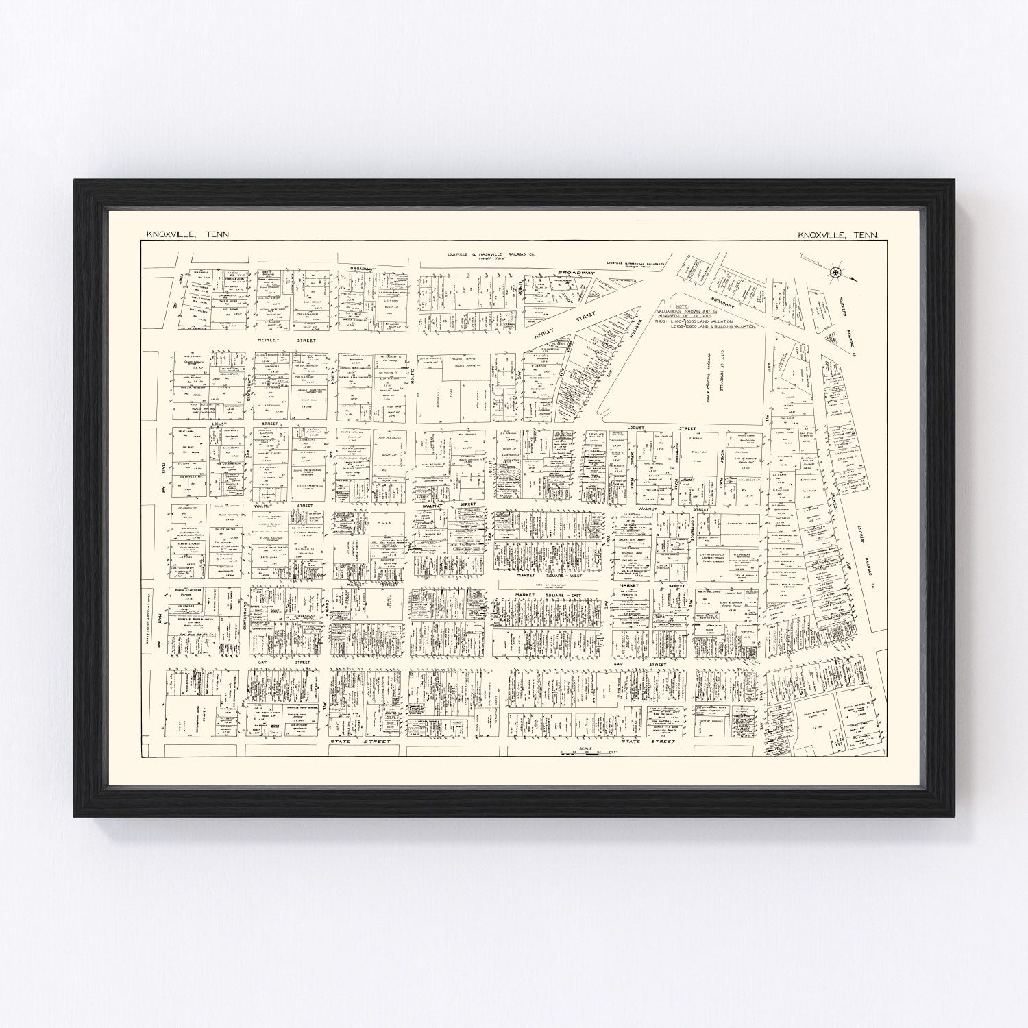 vintage map of Knoxville business section, Tennessee, 1929
