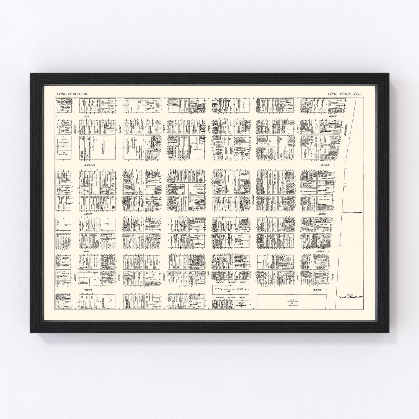 vintage map of Long Beach business section, California, 1929