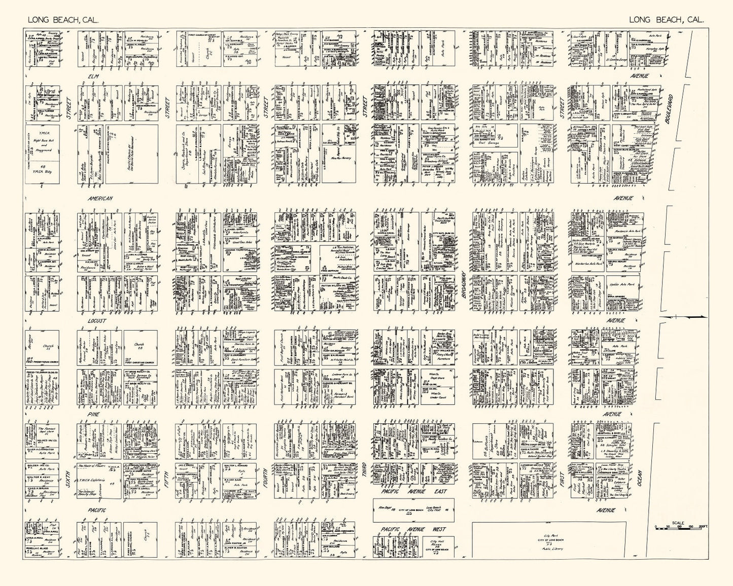 Vintage Map of Long Beach Business Section, California, 1929