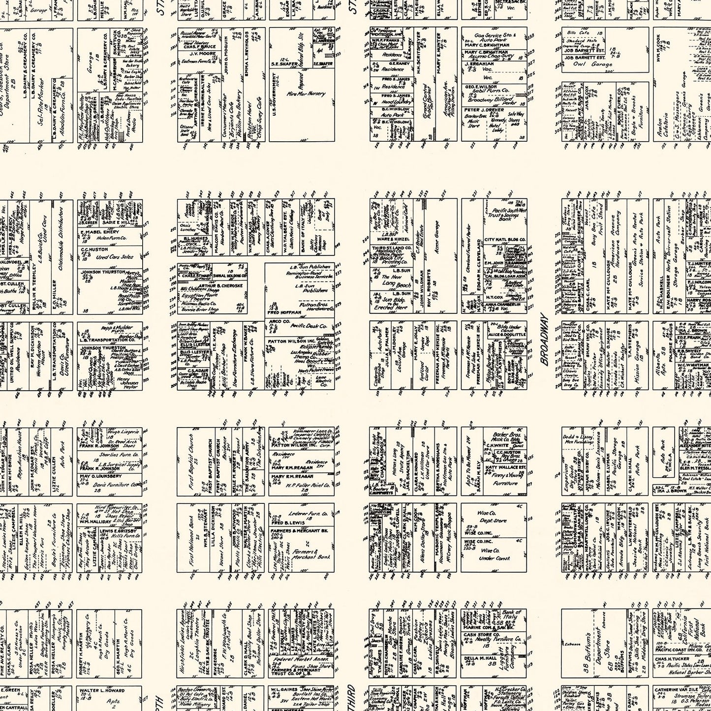 Vintage Map of Long Beach Business Section, California, 1929