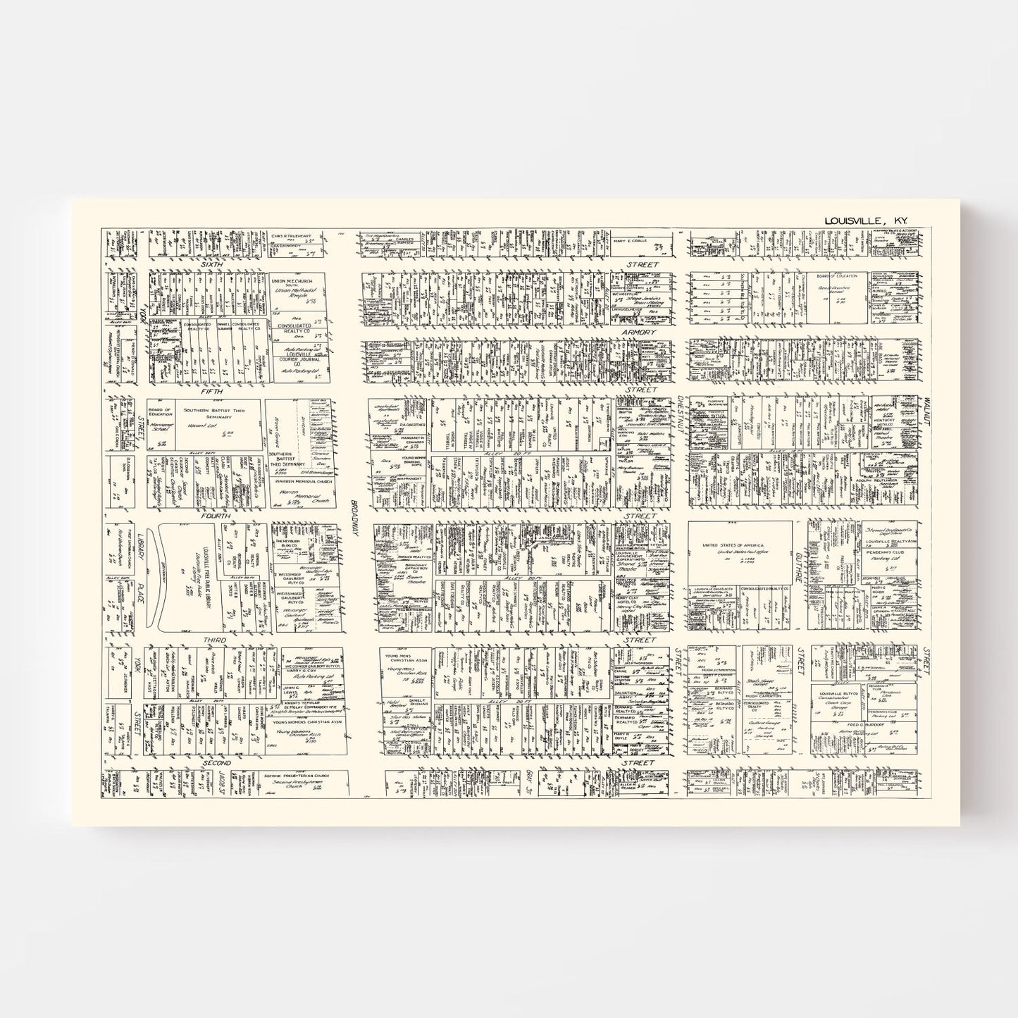 Vintage Map of Louisville, Kentucky Business Section, 1929
