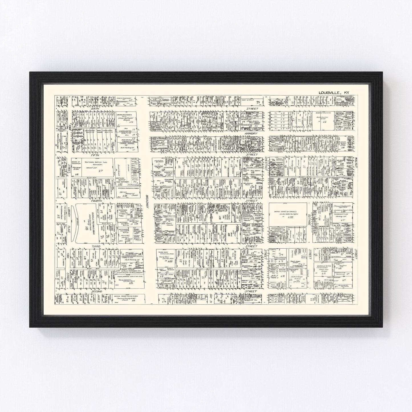 Vintage map of Louisville, Kentucky business section, 1929