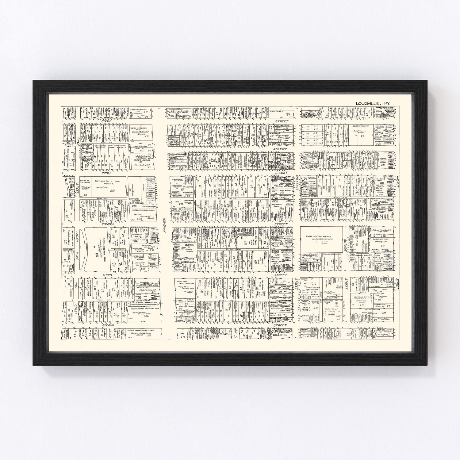 Vintage map of Louisville, Kentucky business section, 1929