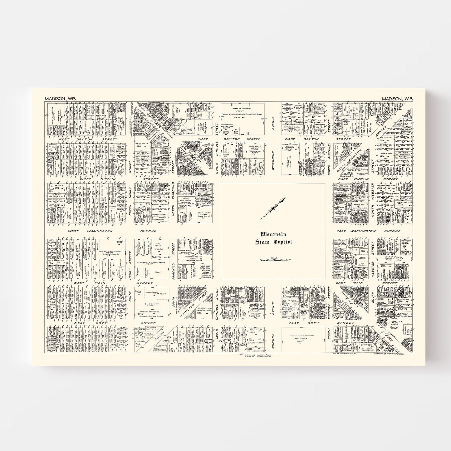 Vintage Map of Madison, Wisconsin Business Section, 1929