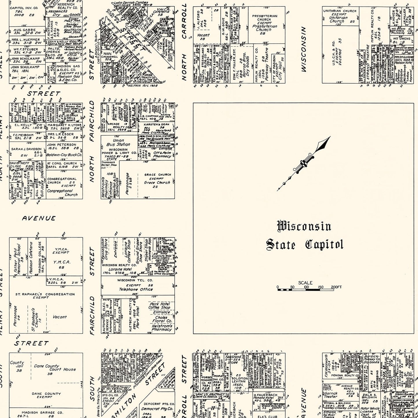 Vintage Map of Madison, Wisconsin Business Section, 1929