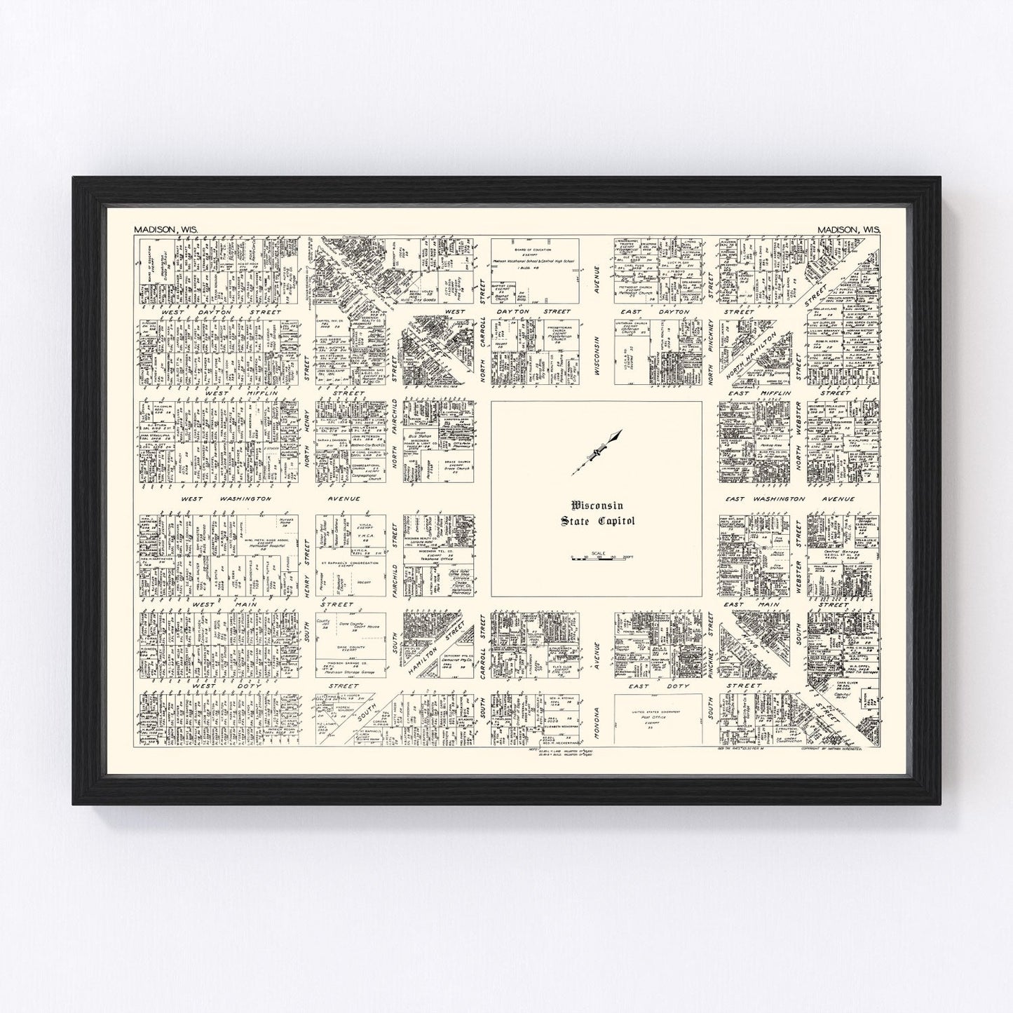 Vintage map of Madison, Wisconsin business section, 1929