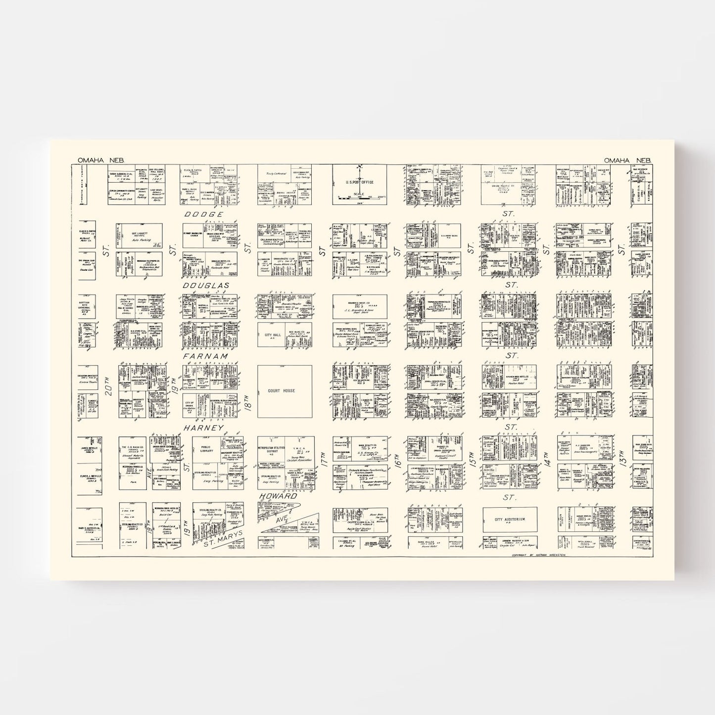 Vintage Map of Omaha, Nebraska Business Section, 1929
