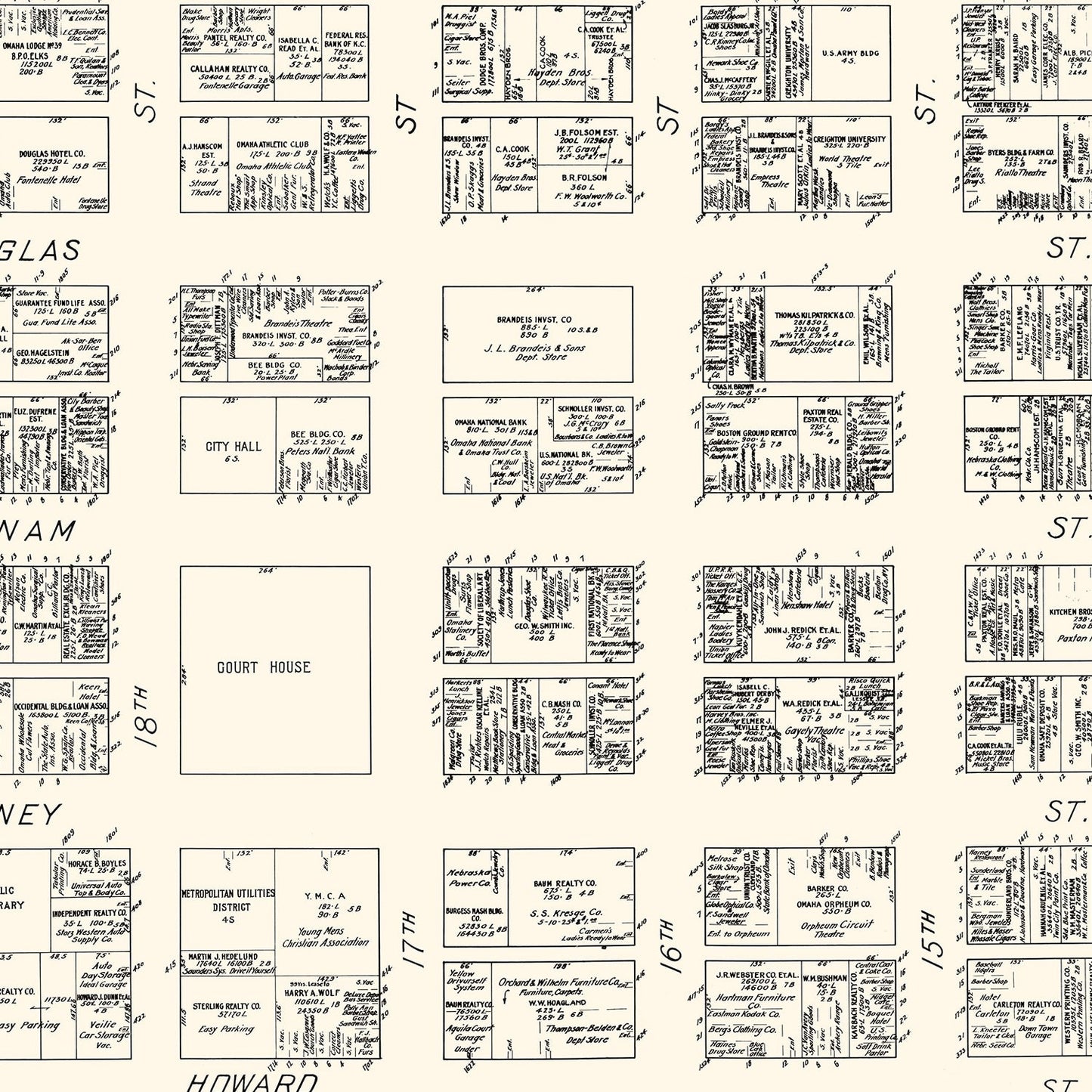 Vintage Map of Omaha, Nebraska Business Section, 1929