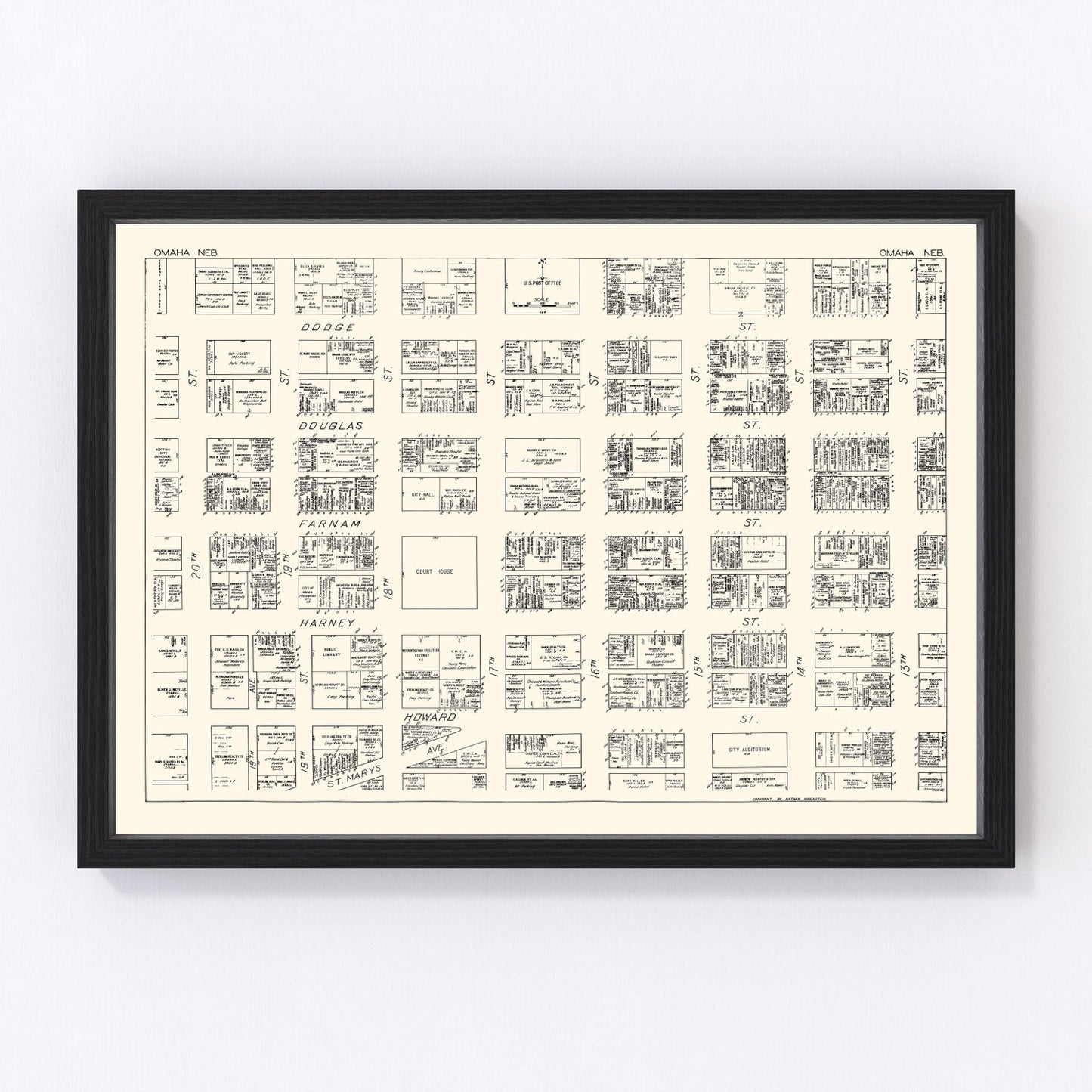 Vintage map of Omaha, Nebraska business section, 1929