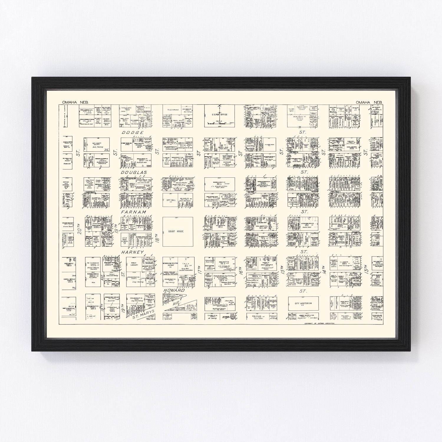 Vintage map of Omaha, Nebraska business section, 1929