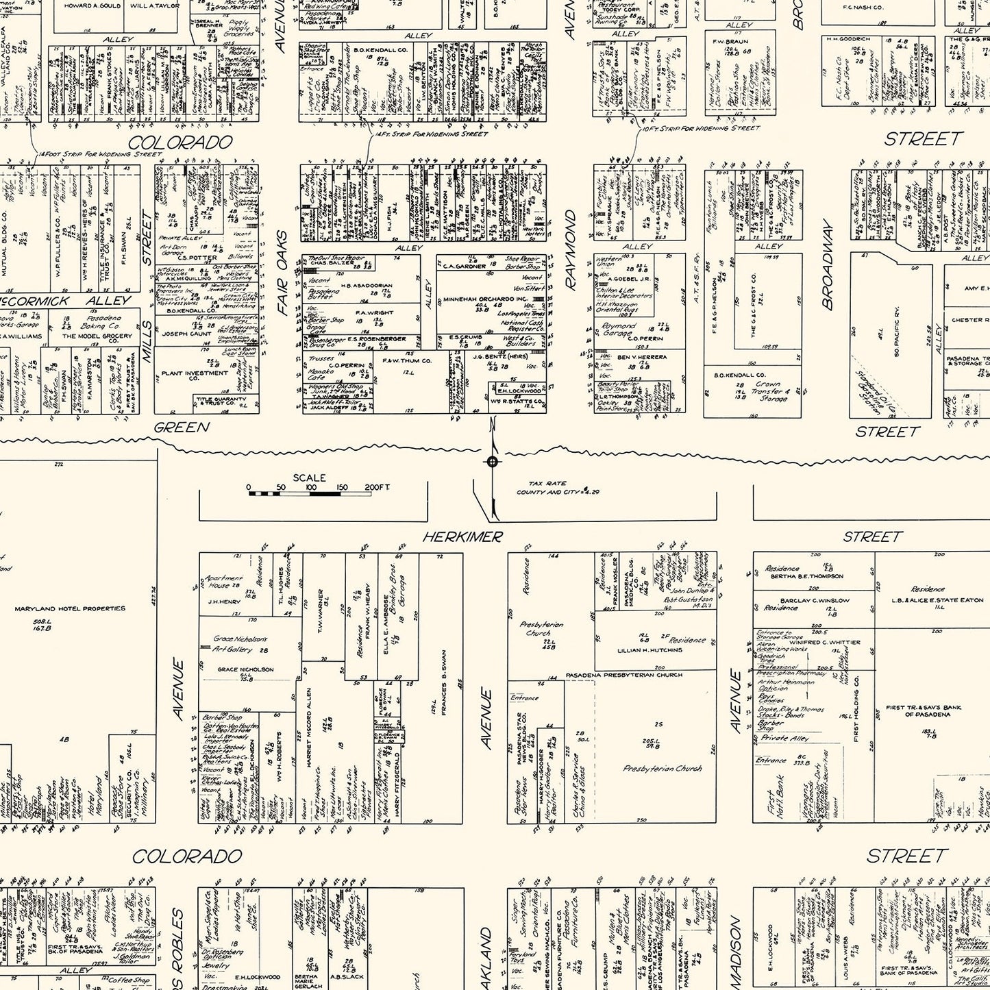 Vintage Map of Pasadena, CA Business Section, 1929