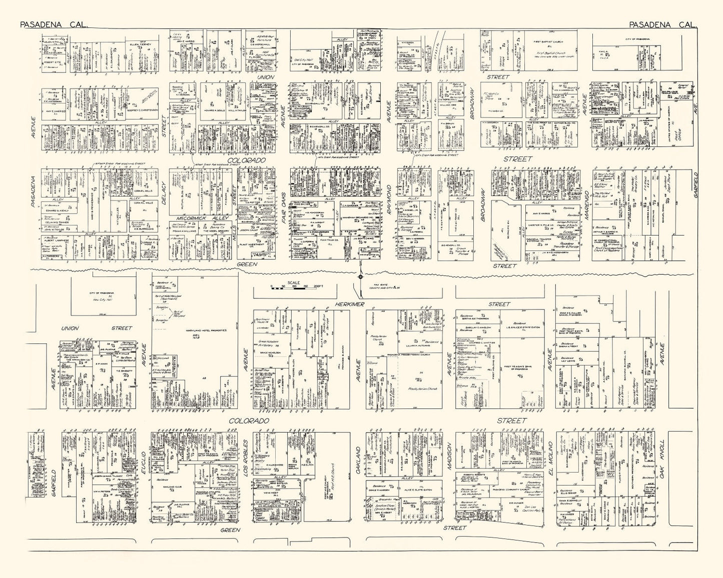 Vintage Map of Pasadena, CA Business Section, 1929