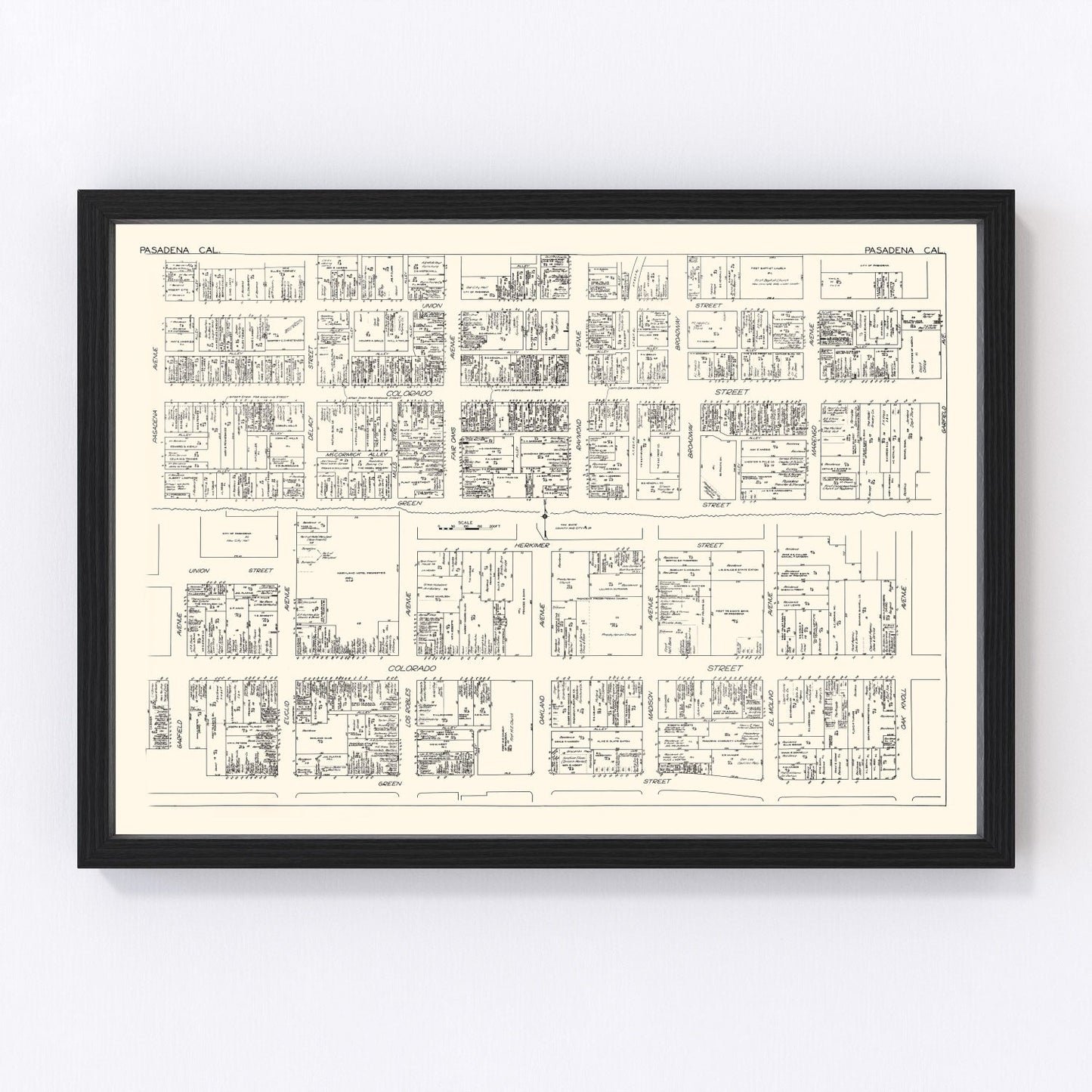 Vintage map of Pasadena, California business section, 1929