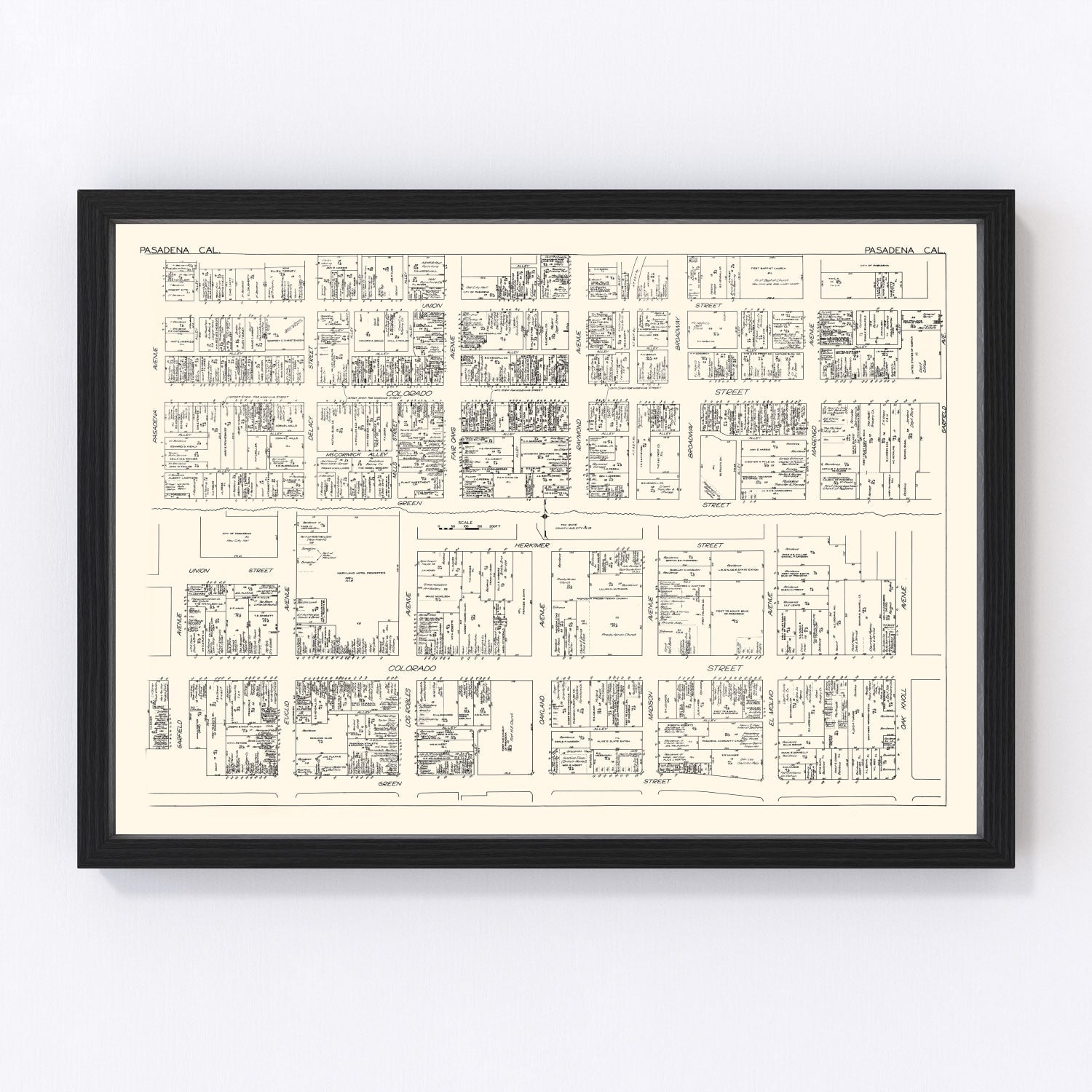 Vintage map of Pasadena, California business section, 1929