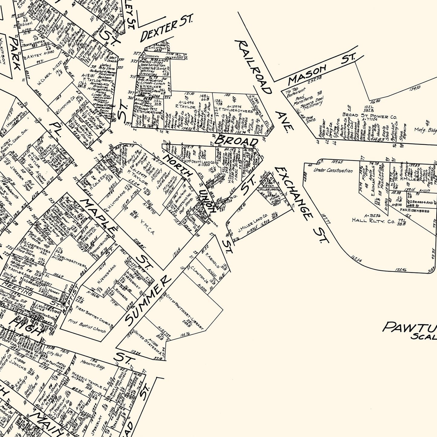 Vintage Map of Pawtucket, RI Business Section, 1929