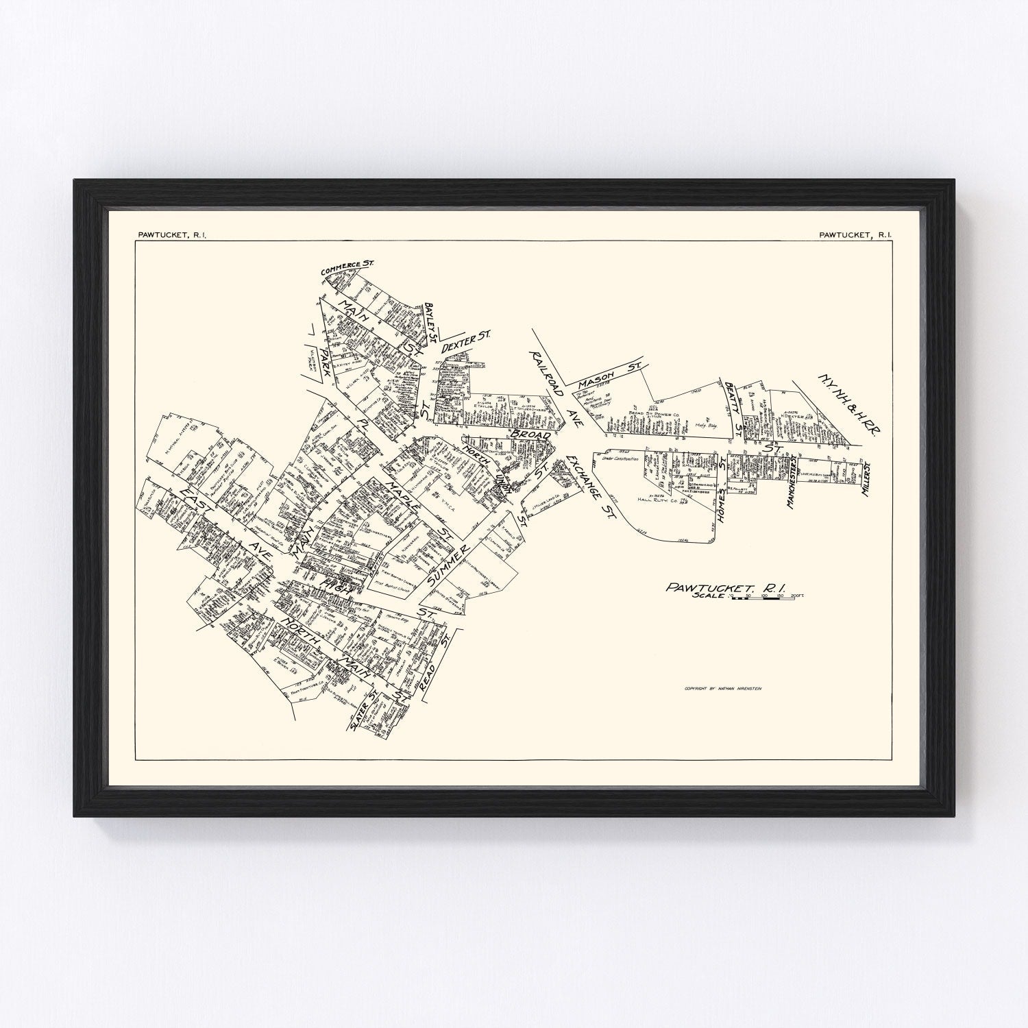Vintage map of Pawtucket, Rhode Island business section, 1929