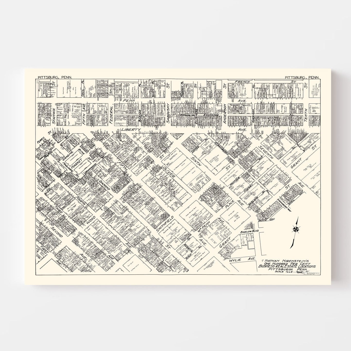 Vintage Map of Pittsburgh, Pennsylvania Business Section, 1929