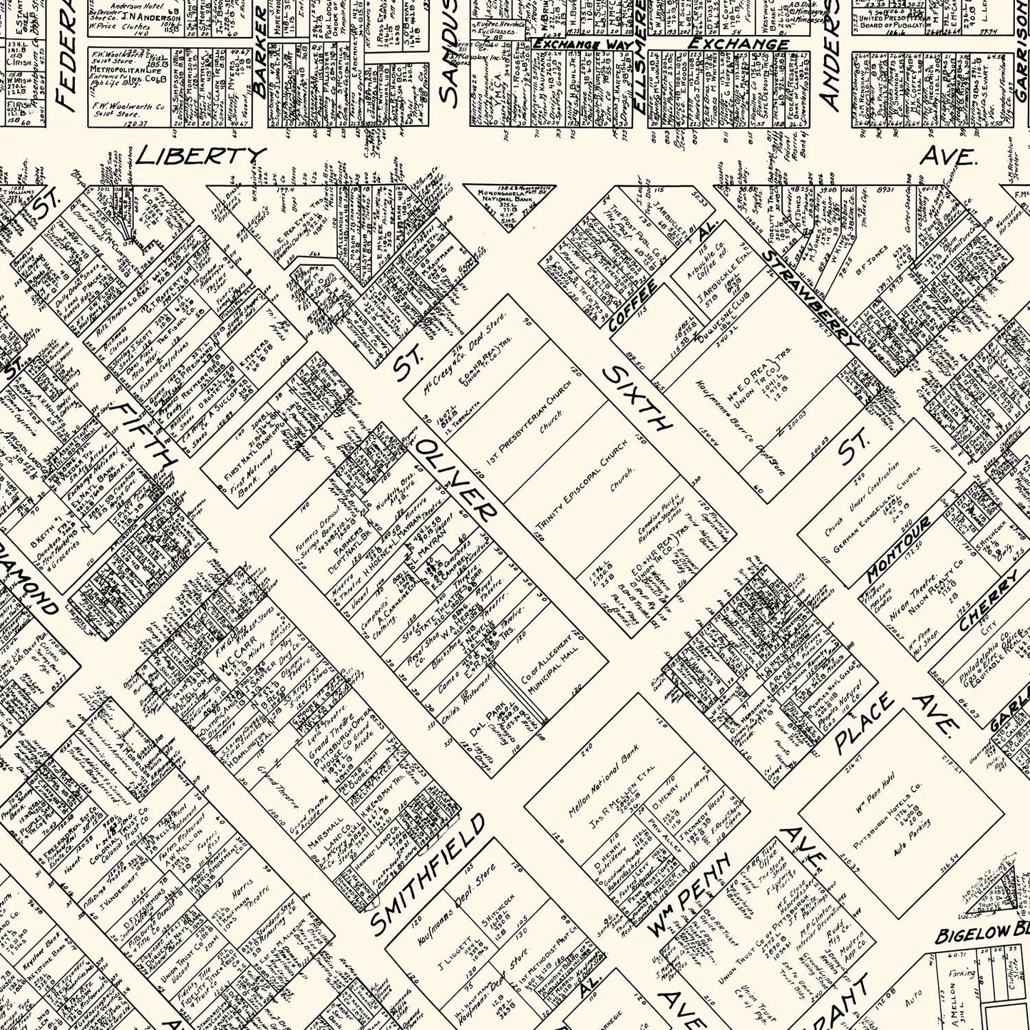 Vintage Map of Pittsburgh, Pennsylvania Business Section, 1929