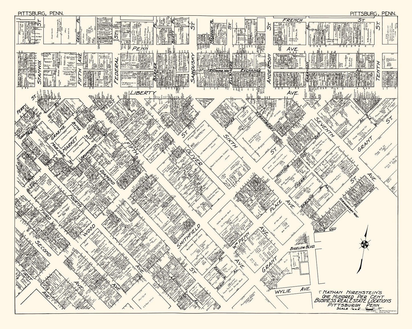 Vintage Map of Pittsburgh, Pennsylvania Business Section, 1929