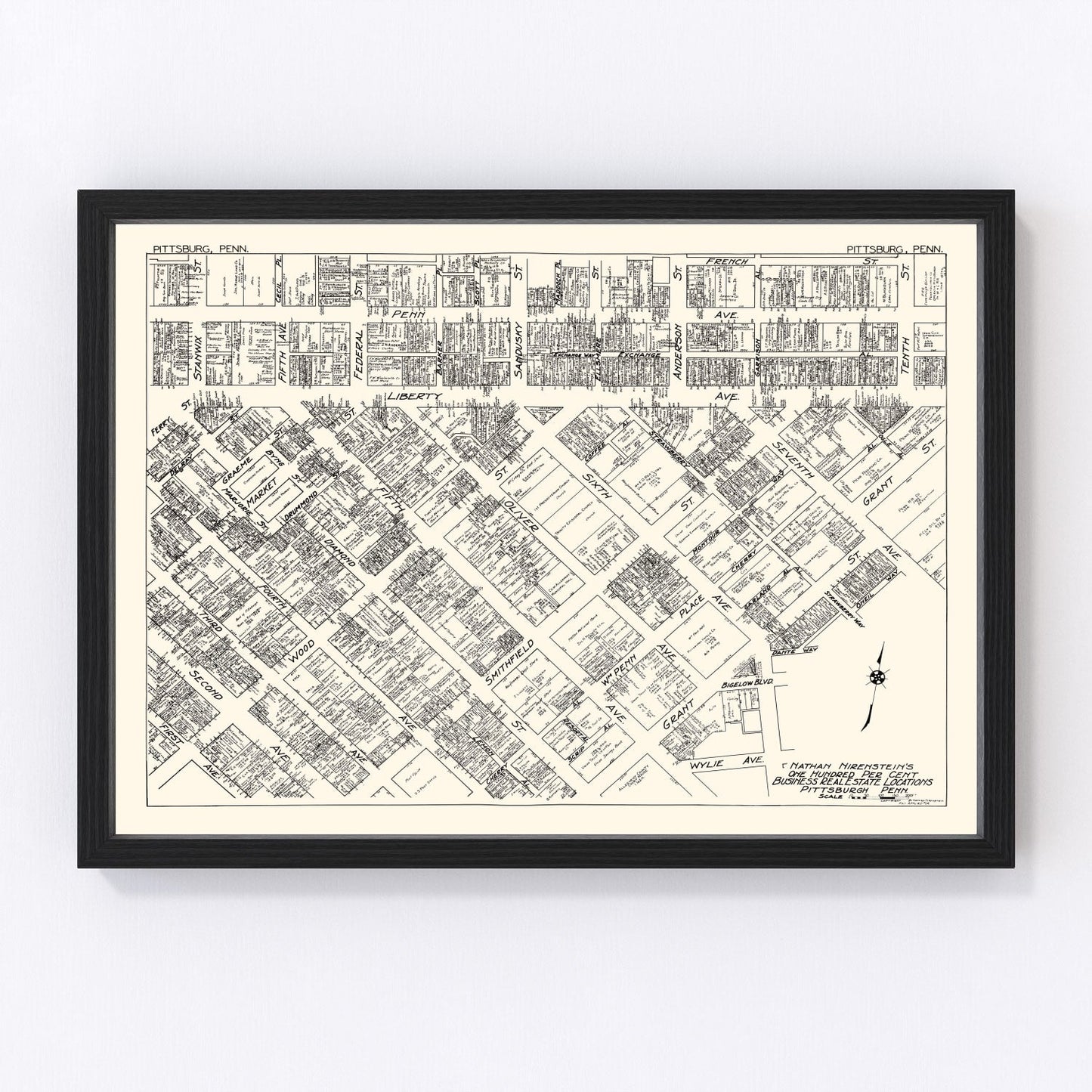 Vintage map of Pittsburgh, Pennsylvania business section, 1929