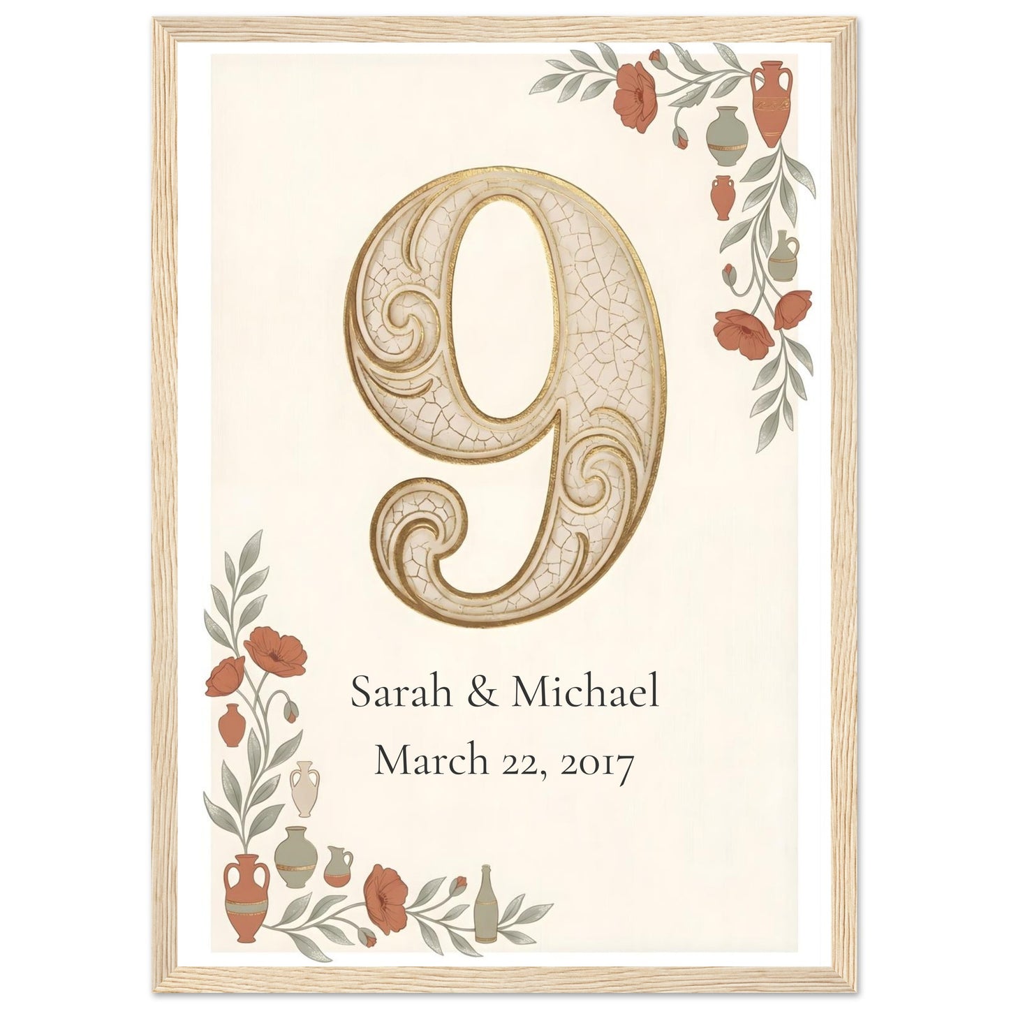 Personalized 9th Anniversary Wall Art - A3 (29.7 x 42 cm) - Wood frame / Ready-to-hang - Sparkycare
