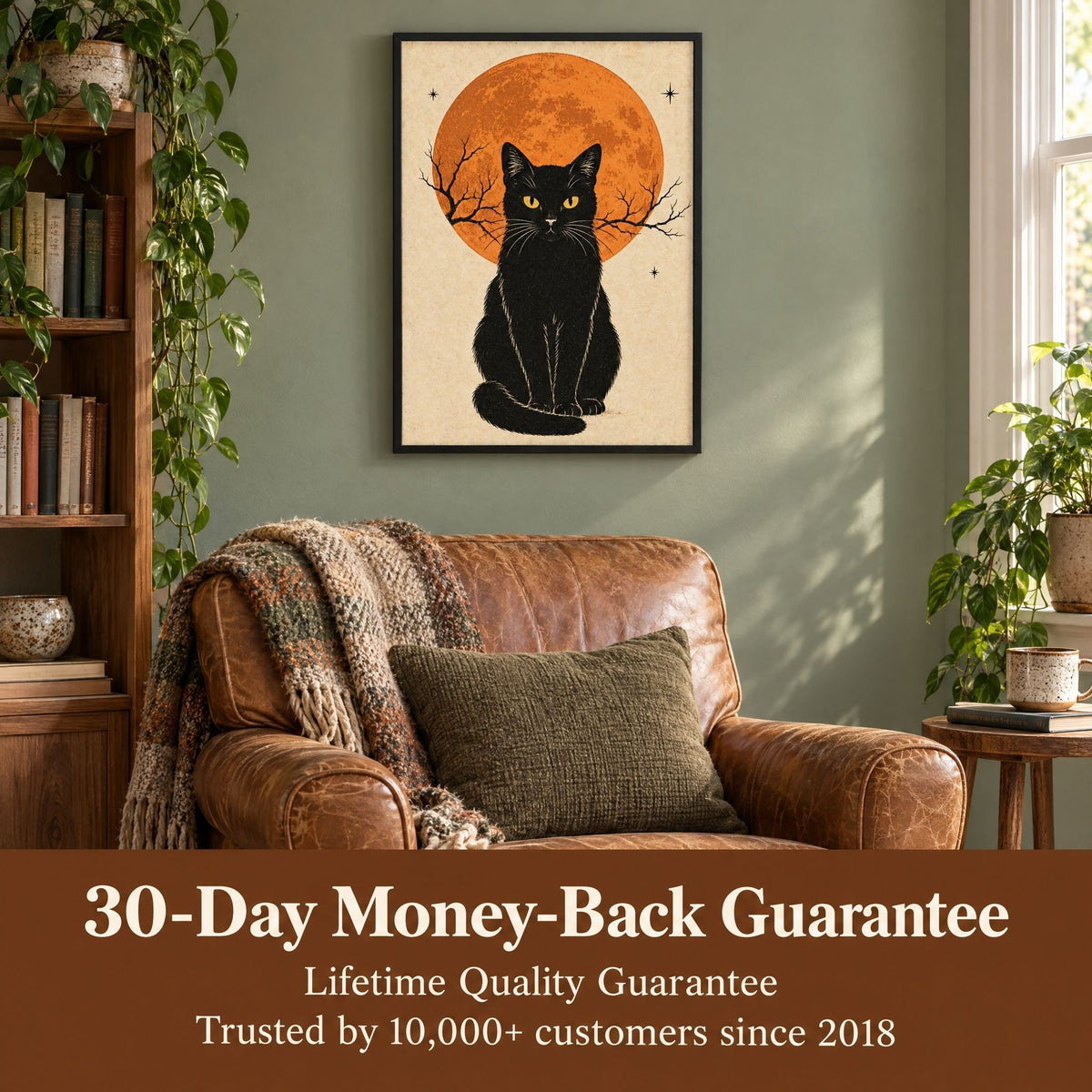 Sparkycare guarantees on the black cat print: 30-day money back and a lifetime quality guarantee