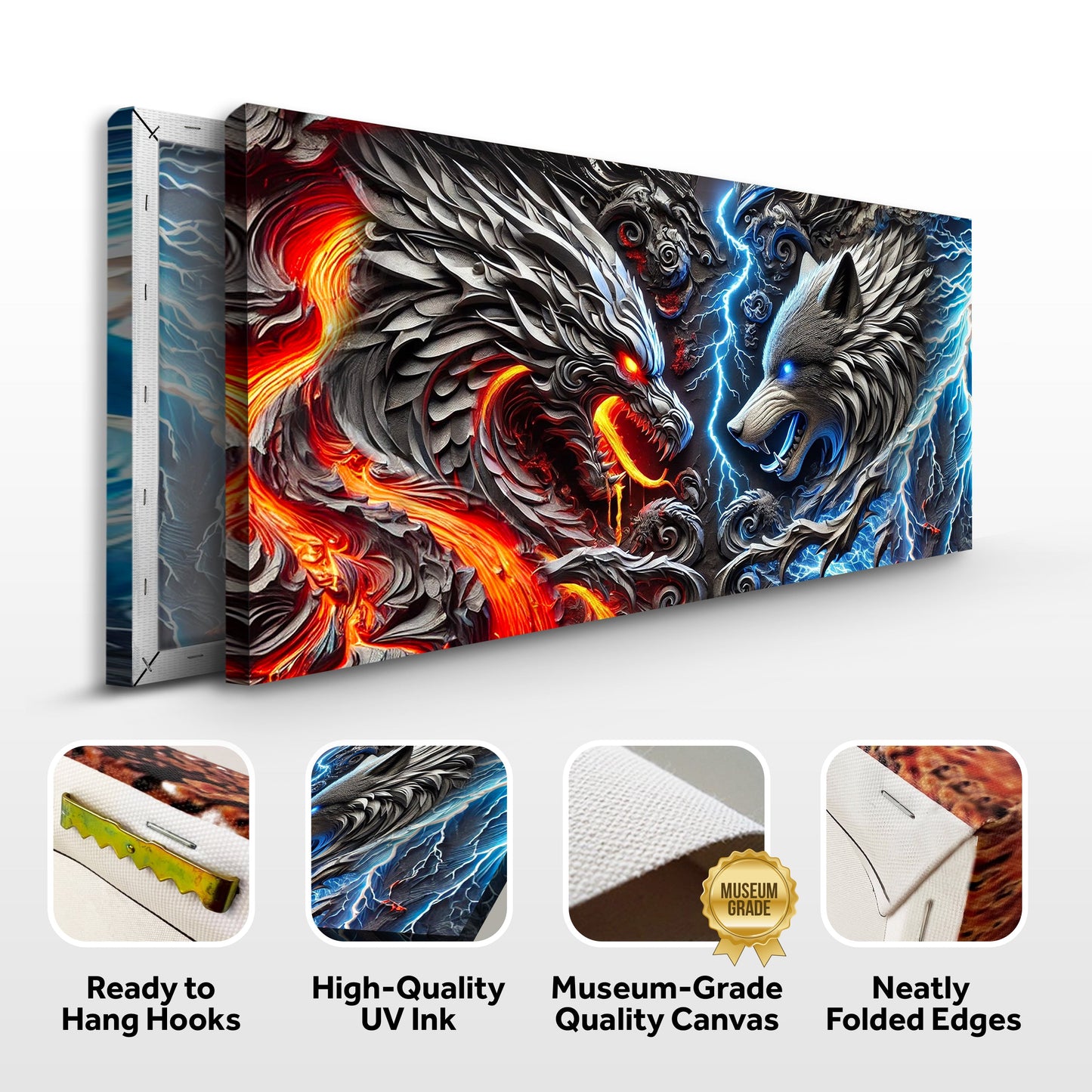 3D Dragon and Wolf Canvas Wall Art IV