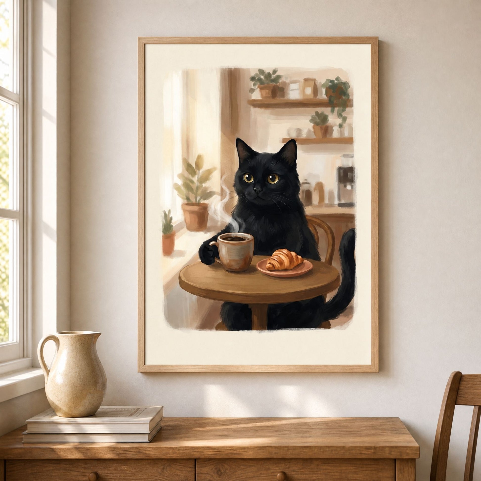 Cat coffee wall art on a breakfast nook wall beside a bright window, above a wooden sideboard