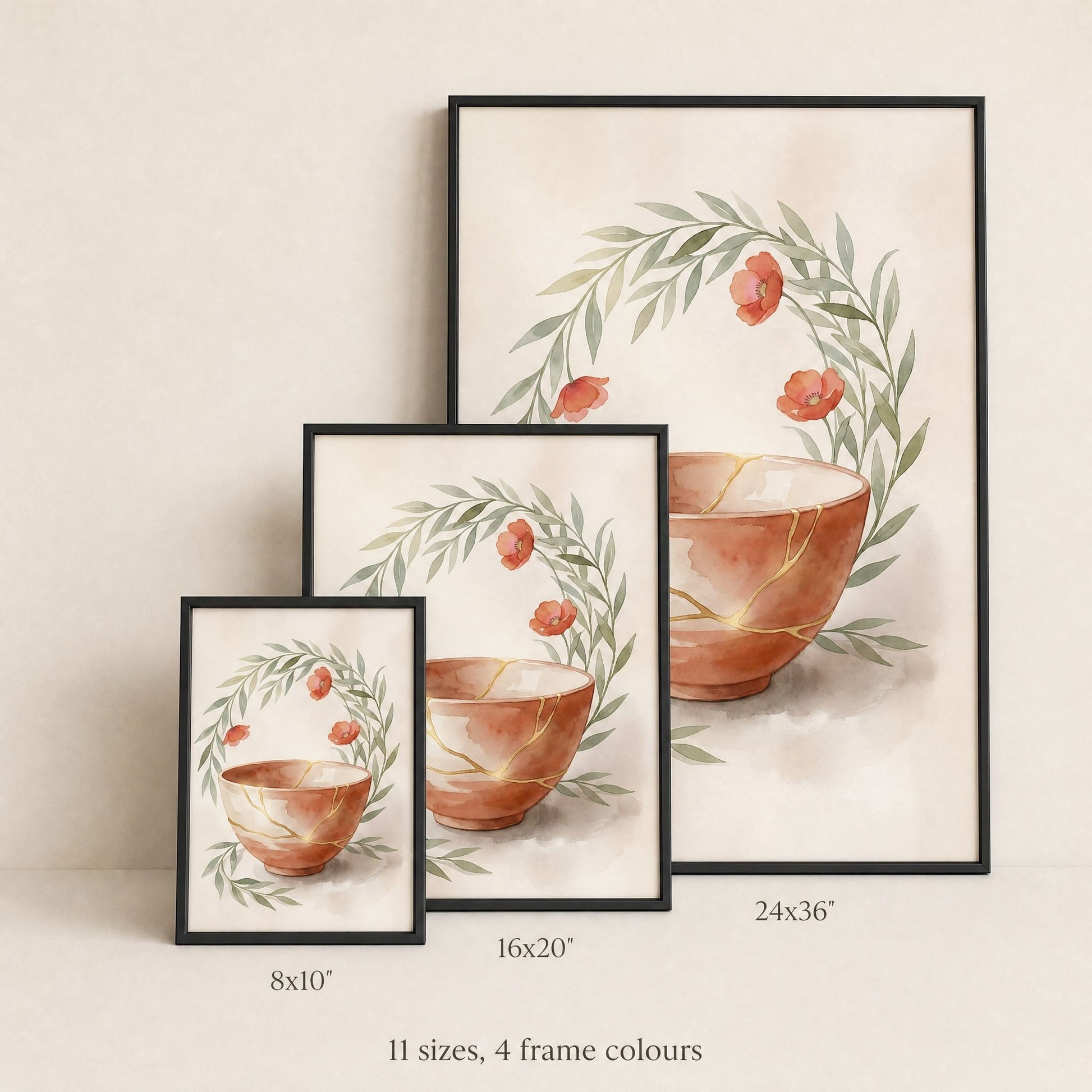 Three sizes of the kintsugi print shown together to scale, 8x10, 16x20 and 24x36 inches, in black frames
