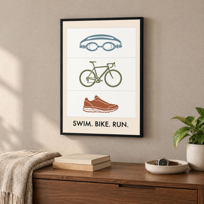 Swim Bike Run Poster: Minimalist Triathlon Icons Wall Art