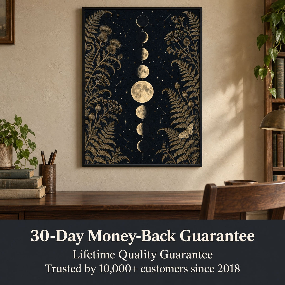 Sparkycare guarantees on the moon phase print: 30-day money back and a Lifetime Quality Guarantee