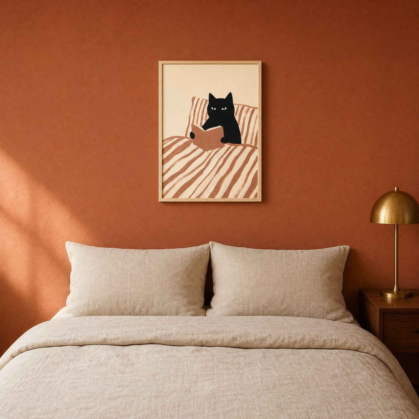 Black cat reading poster hung above a bed with oatmeal linen, warm bedroom wall art