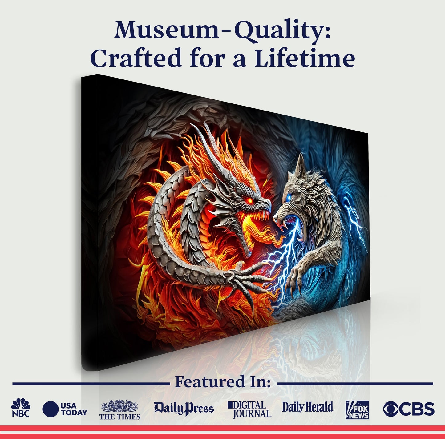 3D Dragon and Wolf Canvas Wall Art II