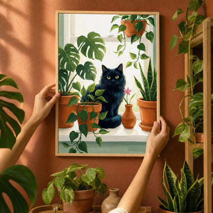 Hands hanging the framed monstera cat poster on a warm terracotta wall beside a snake plant