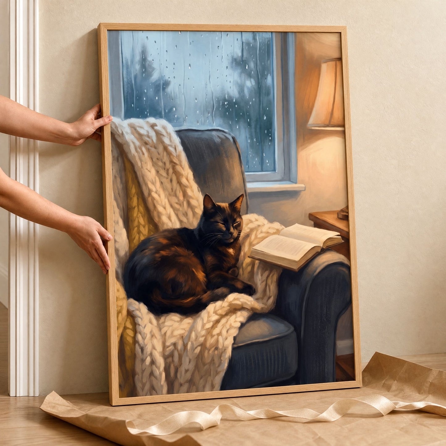 Large framed black cat reading print leaning against the wall with kraft paper and ribbon at its base