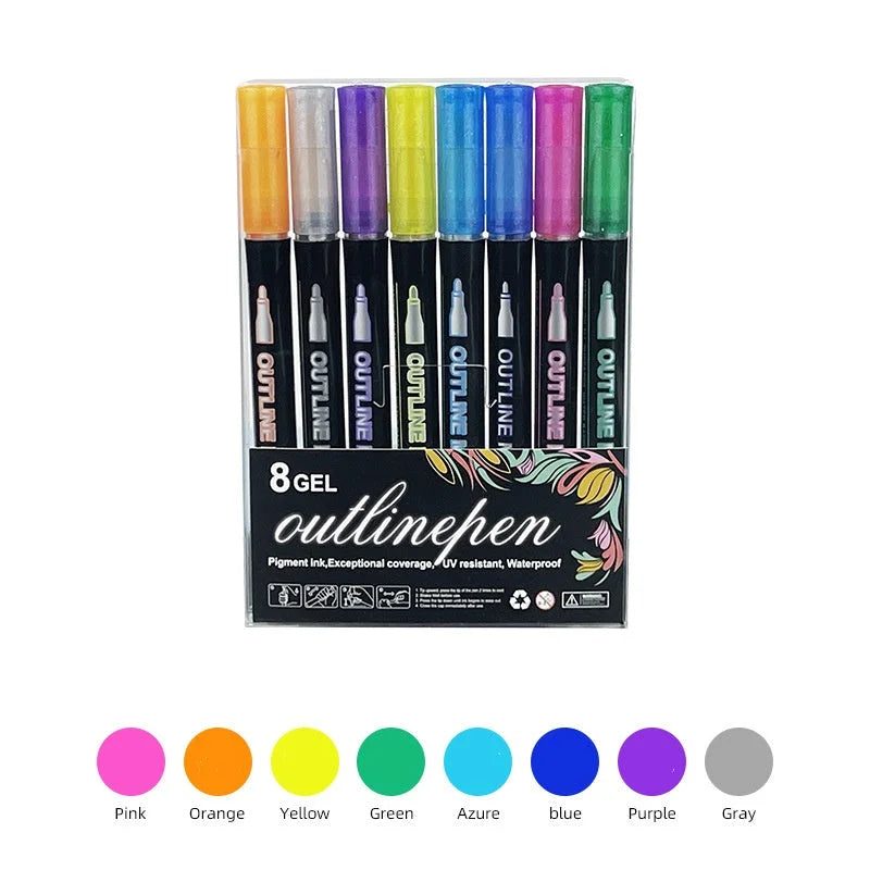 8 color metallic outline pen set with pink orange yellow green azure blue purple gray