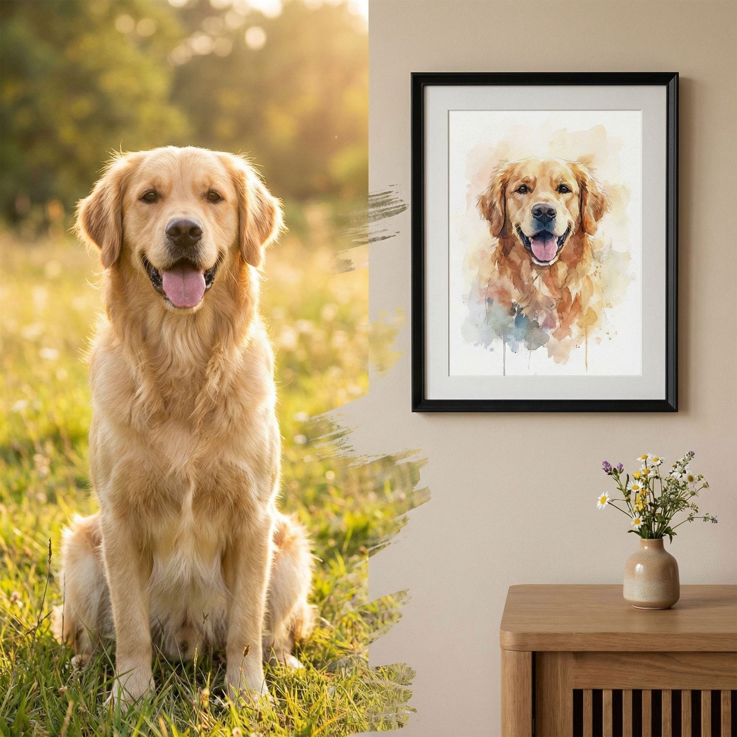 Golden retriever sitting outdoors with a personalized framed portrait of the dog on a wall.